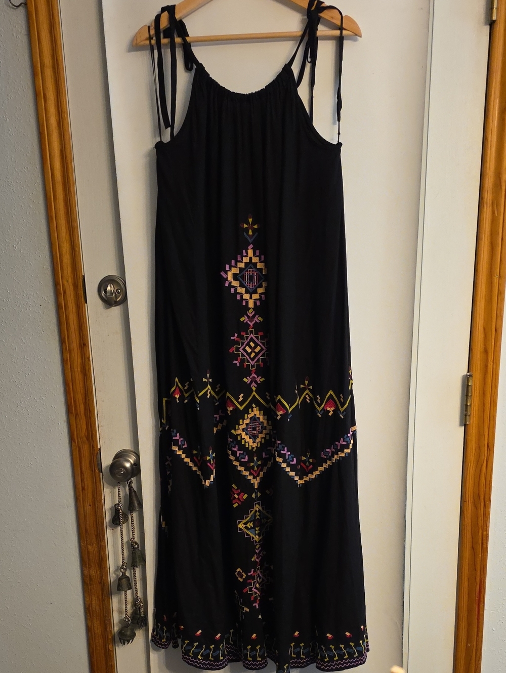 Anthropologie Flowing Black Maxi Dress with Multicolor Geometric Embroidery